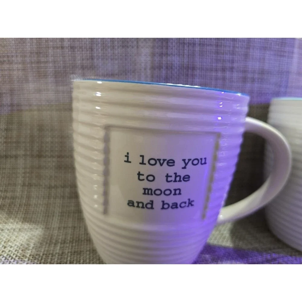 The Old Pottery Company Jumbo 20 oz Quote Mugs Set of 2 Blue Ribbed Ceramic